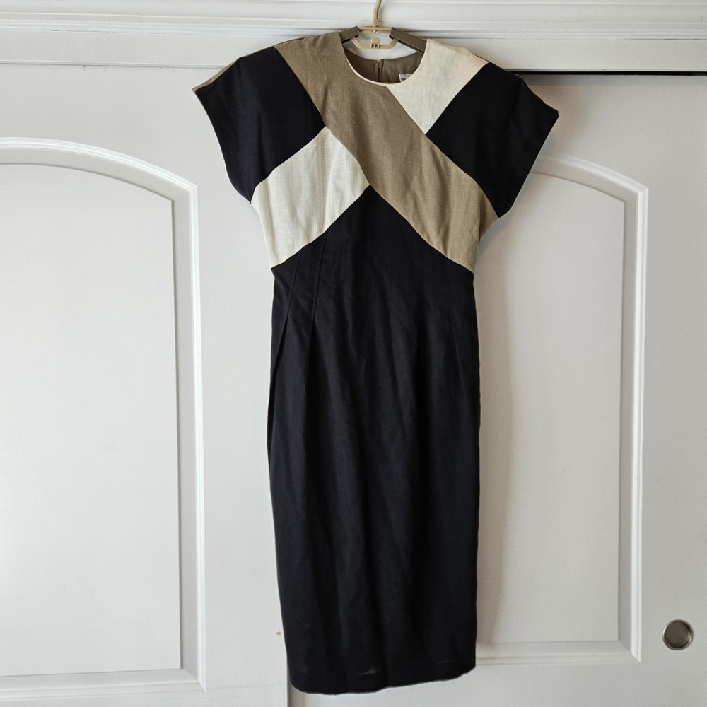 Vintage‎ Sunshine Starshine Sheath Dresss Womens 10 Colorblock Black Tan White